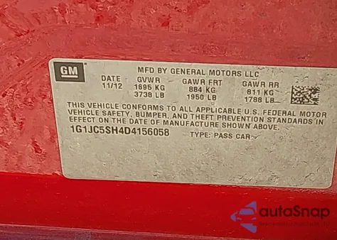 2013 Chevrolet Sonic Lt Auto z USA, uszkodzony, nr VIN 1G1JC5SH4D4156058